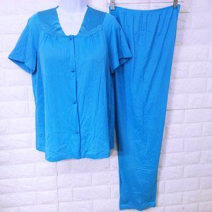 Vintage 90s Vanity Fair 2pc Pajama Set -M Applique Buttons PJ Top Comfort Pant